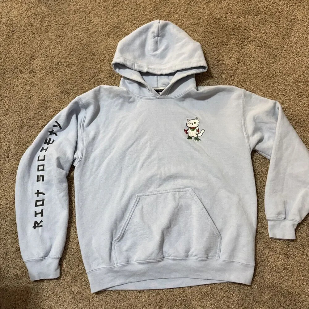 Riot Society Hoodie Sweatshirt Mens Medium Blue Sugee Cat Pullover Heavyweight